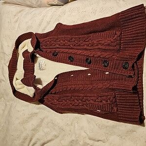 Ci Sono Burgandy Hooded Sherpa‎ Lined Knit Sweater Vest Zip and Button Women's L